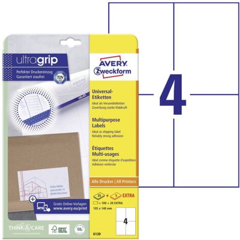Avery-Zweckform 6120 Etiquette universelles 105 x 148 mm papier blanc 120 pc(s) fixation permanente imprimante à jet d' (1/4)
