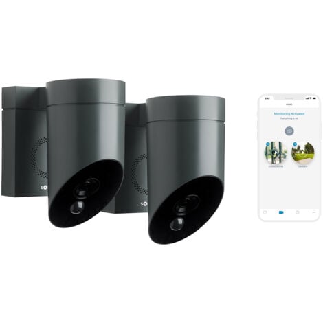 SOMFY 1870472 - 2 Outdoor Camera grises - Caméras de surveillance extérieures sans fil - Sirène 110 DB - Branchement Possible sur Un Luminaire Existant