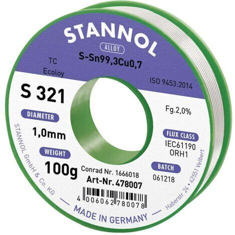 Stannol S321 2,0% 1,0MM SN99,3CU0,7CD 100G Étain à souder sans plomb sans plomb, bobine Sn99,3Cu0,7 ORH1 100 g 1 mm X887961 (1/3)