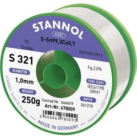 Stannol S321 2,0% 1,0MM SN99CU0,7CD 250G Étain à souder sans plomb sans plomb, bobine Sn99,3Cu0,7 ORH1 250 g 1 mm X887901 (1/3)