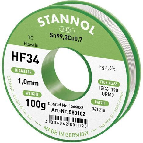 Stannol HF34 1,6% 1,0MM FLOWTIN TC CD 100G Étain à souder sans plomb bobine, sans plomb Sn99,3Cu0,7 ORM0 100 g 1 mm (1/3)