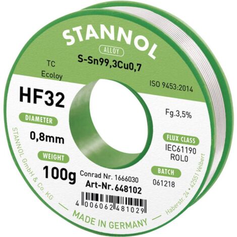 Stannol HF32 3,5% 0,8MM SN99,3CU0,7 CD 100G Étain à souder sans plomb sans plomb, bobine Sn99,3Cu0,7 ROL0 100 g 0.8 mm X887271 (1/3)