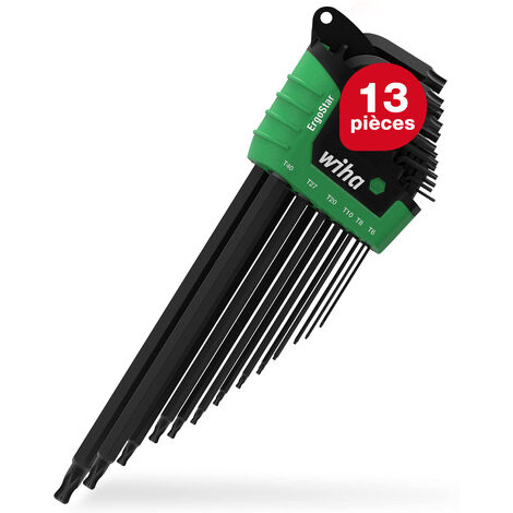 Wiha Jeu de clés mâles 13 pièces dans étui ErgoStar TORX I T5-T45 I Tête sphérique I Oxydé noir I Jeu de clés angulaires I Jeu de clés Torx (43847)