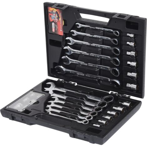 Kstools – Coffret de clés mixtes à cliquet 30 pcs – Acier chrome vanadium – 12 clés 8-19mm et 12 douilles – Système FlankTraction