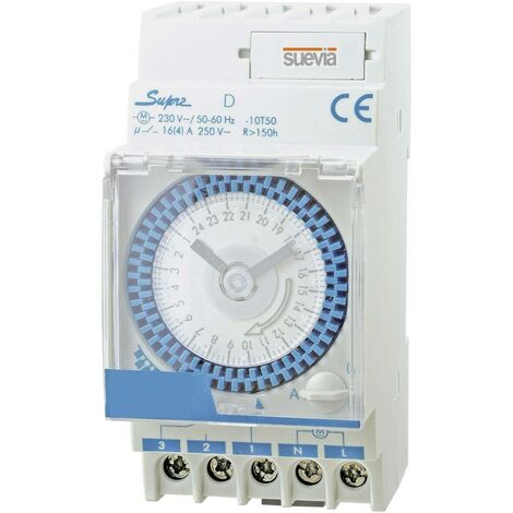 Interrupteur horaire analogique 230 V/AC – 16 A – Montage sur rail DIN – Programmation automatique – Indice de protection IP20 – Suevia