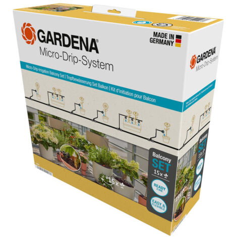 GARDENA Kit d'initiation pour balcon - jusqu'à 15 pots. Arrosage goutte-à-goutte. Micro-Drip System. (13401-20)