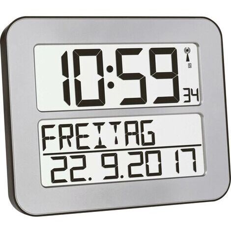 Horloge murale TFA Dostmann 60.4512.54 radiopiloté(e) 25.8 cm x 21.2 cm x 3 cm argent, noir grand écran
