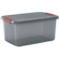 Boîte de rangement empilable 43L – Dimensions 590 x 390 x 280 mm – Plastique gris fumé translucide – 2 poignées ergonomiques – KIS