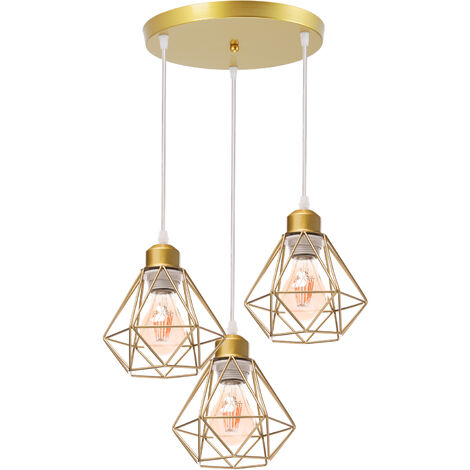 Lampada a Sospensione Retrò Metallo Diamanti Risparmio Energetico Lampadario Industriale Vintage E27 Cucina Soggiorno Sala da Pranzo Barra 3 Luci (D'oro Rosa) (1/5)