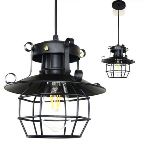 Chrasy Lampada A Sospensione E27 In Metallo, Stile Vintage Industriale – Gabbia Nera Opaca, 11,5x20 Cm, Cavo 110 Cm, Per Cucina, Bar, Sala