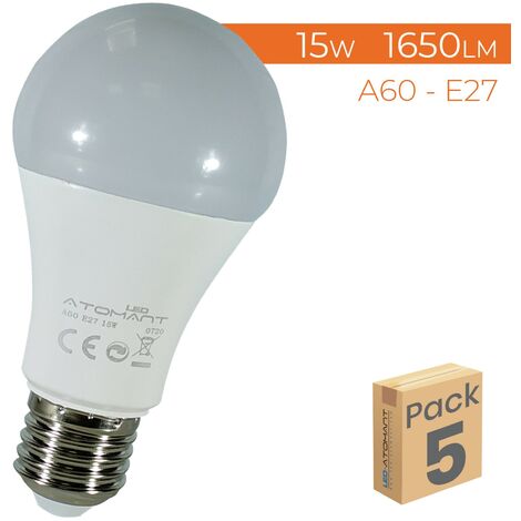 Ampoule LED A60 E27 15W 1650LM Blanc Chaud 3000K - Lot de 5 U.