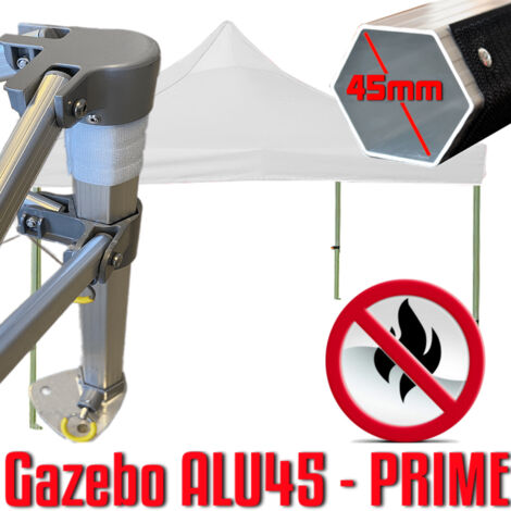 Gazebo 3x3 m bianco certificato IGNIFUGO SENZA laterali pieghevole alluminio piantone esagonale 45mm portatile estendibile richiudibile estensibile acciaio per fiere eventi stand chiosco tenda tendone