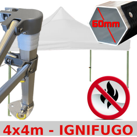 Gazebo 4x4 m bianco certificato IGNIFUGO SENZA laterali pieghevole alluminio piantone esagonale 60mm portatile estendibile richiudibile estensibile acciaio per fiere eventi stand chiosco tenda tendone