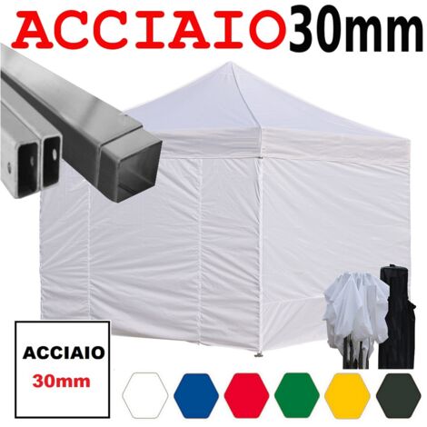 Gazebo 3x3 m bianco pieghevole portatile estendibile richiudibile estensibile acciaio con laterali per fiere eventi stand chiosco tenda tendone mercato mercatino
