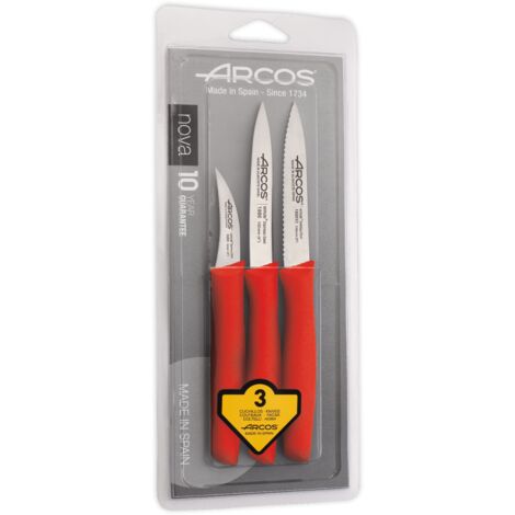 Juego de Cuchillo Mondadores Arcos Nova 189622 de acero inoxidable Nitrum y mango de Polipropileno de color rojo 3 piezas en blíster