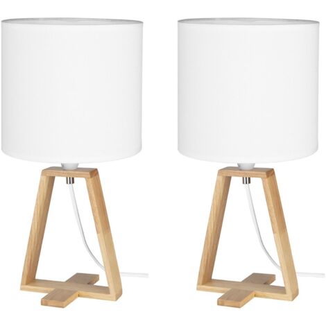 Forlight Nuts (2uds) Lámpara de Mesa Nórdica para Dormitorio y Salón. Lámpara para Mesita de Noche de Madera Natural y Textil de Color Blanco para Dormitorio y Salón. E27 (1/5)