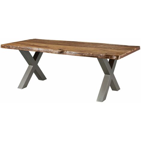 Baumtisch Sheesham 200x100x77 natur sandgestrahlt / X-Beine silber matt FREEFORM 5