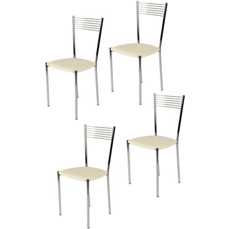 T M C S – Set de 4 chaises élégance – Structure acier chromé – Assise rembourrée cuir artificiel ivoire – Hauteur 87 cm, profondeur 44 cm (1/5)