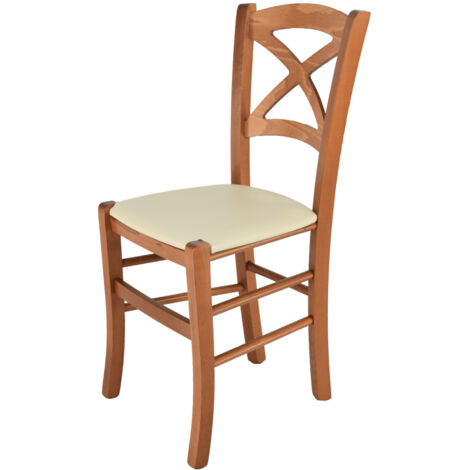 Tommychairs - Chaise CROSS pour cuisine, bar et salle à manger, robuste structure en bois de hêtre peindré en couleur cerisier et assise rembourrée et revêtue en cuir artificiel couleur ivoire (1/5)