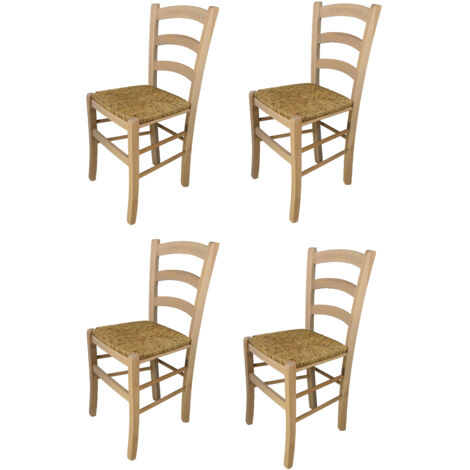 T M C S – Set de 4 chaises Venezia – Hauteur d'assise 48 cm – Structure en bois de hêtre poli – Assise en paille naturelle – Pour cuisine et salle à manger (1/5)