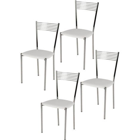 T M C S – Set de 4 chaises ELEGANCE – Structure acier chromé – Assise rembourrée cuir artificiel blanc – Hauteur 87 cm, profondeur 44 cm (1/5)