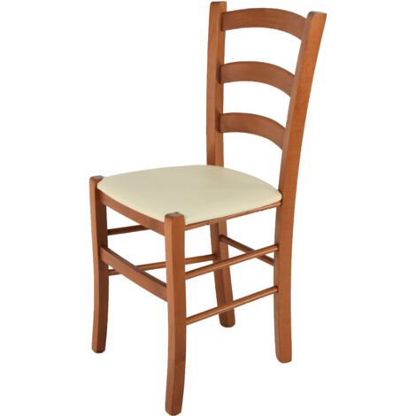 Tommychairs - Chaise VENICE pour cuisine, bar et salle à manger, robuste structure en bois de hêtre peindré en couleur cerisier et assise rembourrée et revêtue en cuir artificiel couleur ivoire (1/5)