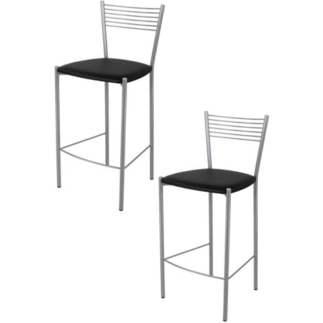 Tommychairs - Set 2 tabourets ELEGANCE pour cuisine, bar et salle Ã  manger, robuste structure en acier peindrÃ© en couleur aluminium et assise rembourrÃ©e et revÃªtue en cuir artificiel noir (1/5)