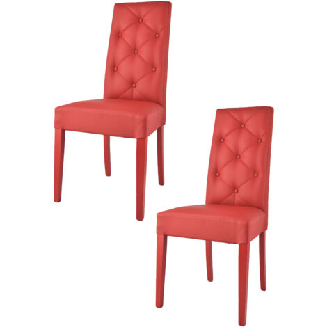 Tommychairs - Set 2 chaises CHANTAL pour cuisine et salle à manger, structure en bois de hêtre peindré en rouge, assise et dossier rembourrés et revêtus en cuir artificiel rouge avec boutons (1/5)