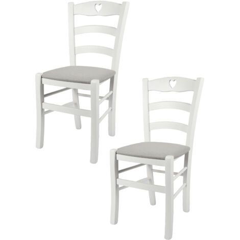 Tommychairs - Set 2 chaises CUORE pour cuisine, bar et salle à manger, robuste structure en bois de hêtre laqué en couleur blanc et assise rembourrée et revêtue en tissu couleur gris perle