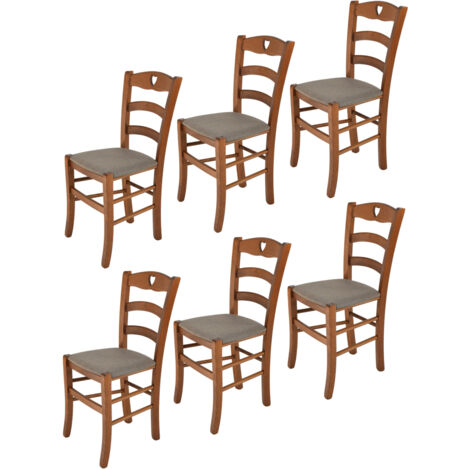 Tommychairs - Set 6 chaises CUORE pour cuisine, bar et salle à manger, robuste structure en bois de hêtre peindré en noyer clair et assise rembourrée et revêtue en tissu couleur chevreuil