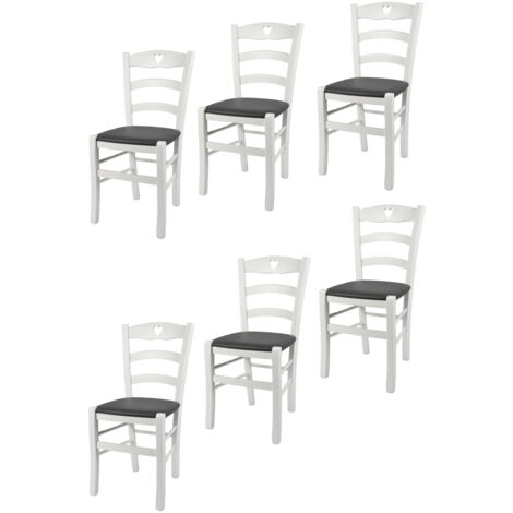 Tommychairs - Set 6 chaises CUORE pour cuisine, bar et salle à manger, robuste structure en bois de hêtre laqué en couleur blanc et assise rembourrée et revêtue en cuir artificiel couleur gris fo