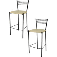 Tommychairs - Set 2 tabourets ELEGANCE pour cuisine, bar et salle à manger, robuste structure en acier peindré en couleur noir et assise rembourrée et revêtue en cuir artificiel couleur lin