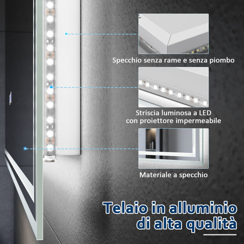 SONNI Specchio Bagno Retroilluminato con Luce e Bluetooth Versione 5.0  120x70 cm,Display per Orologio e Temperatura,Double Touch con Funzione  Antiappannamento,Luce Bianca