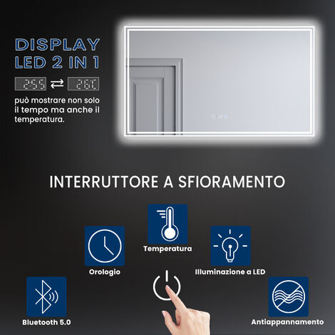 Specchio Bagno Specchio a Parete Illuminato a LED Audio Bluetooth, Specchio  da Parete per disappannamento/disappannamento con Display