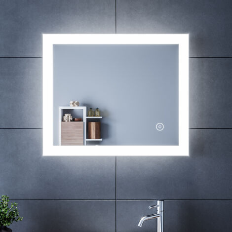 SIRHONA Specchio da Bagno 50x60cm con Illuminazione a LED, Specchio da Parete con Interruttore a Sfioramento, Specchio Parete Grande, Impermeabile IP44