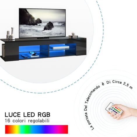SONNI Mobile Porta TV con Luci LED Nero con Ripiano in Vetro Aperto Mobile TV Moderno 135x39x30cm