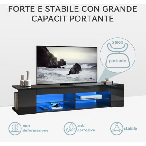 SONNI Mobile Porta TV con Luci LED Nero con Ripiano in Vetro Aperto Mobile TV Moderno 135x39x30cm