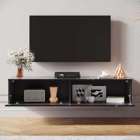 SIRHONA Mobile TV 140x35x30cm con luci LED in 16 colori, Sospensione Nero Brillante, Stile Moderno, Ampio Spazio di Archiviazione