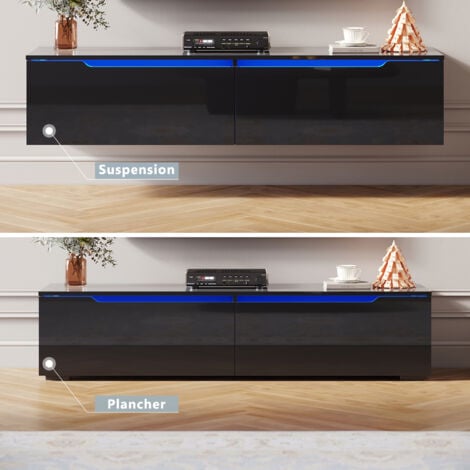 SIRHONA Mobile TV 140x35x30cm con luci LED in 16 colori, Sospensione Nero Brillante, Stile Moderno, Ampio Spazio di Archiviazione
