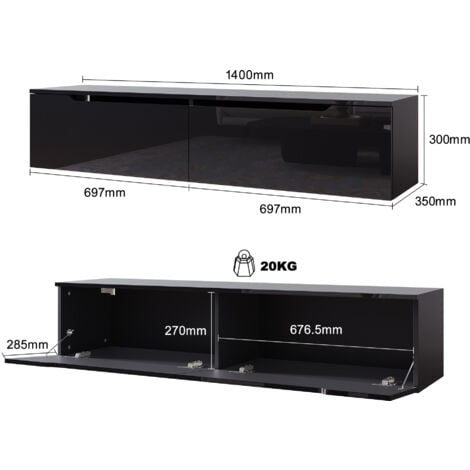 SIRHONA Mobile TV 140x35x30cm con luci LED in 16 colori, Sospensione Nero Brillante, Stile Moderno, Ampio Spazio di Archiviazione