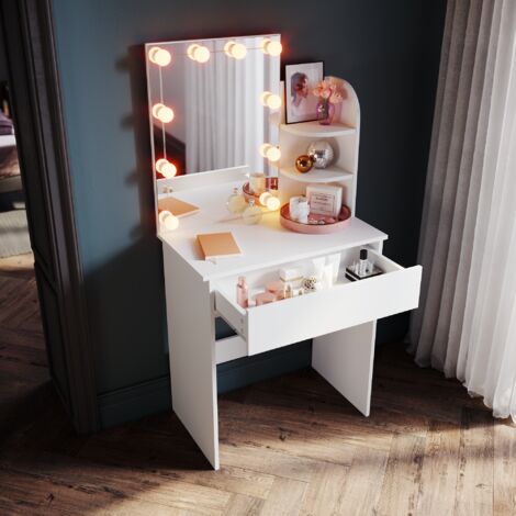 Tavolo Toeletta Con Luci LED Hollywood - Specchio, Sgabello E 7 Cassetti, Legno Moderno 100x40x140 Cm - Foto 8