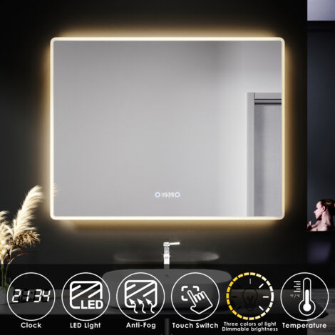 SIRHONA Specchio da bagno illuminato - Specchio da bagno a LED 90x70 cm con funzione antiappannamento, temperatura del colore regolabile e visualizzazione dell'ora