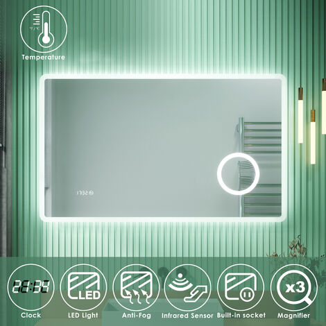 SIRHONA Specchio da Bagno Antiappannamento 100 x 60 cm con LED,Visualizzazione dell'orologio, Specchio Parete con Interruttore Touch Moderno Impermeabile IP44