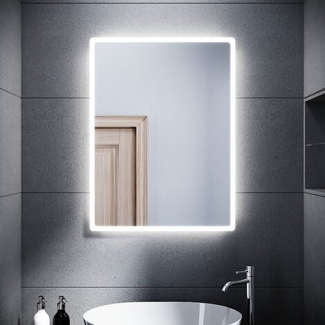 SONNI Specchio da Bagno Illuminato a LED Specchio da Parete da Bagno  Moderno Bianco Freddo Impermeabile IP44 a Risparmio Energetico 40 x 60cm