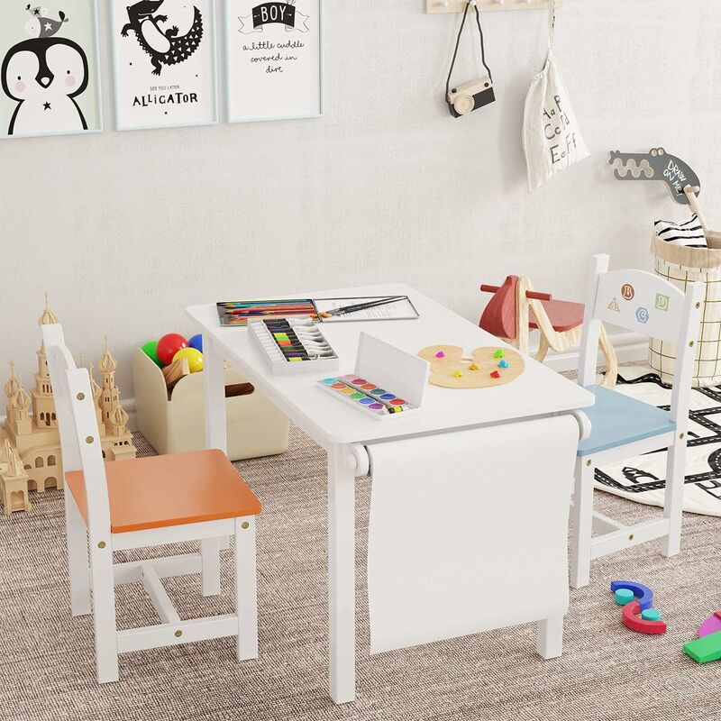 83.5 x 48 x 50 cm Homfa Tavolino Pittura Scrivania Bambini da Gioco Con Rotolo per carta disegnare Set con 2 Sedie Animate in Legno 