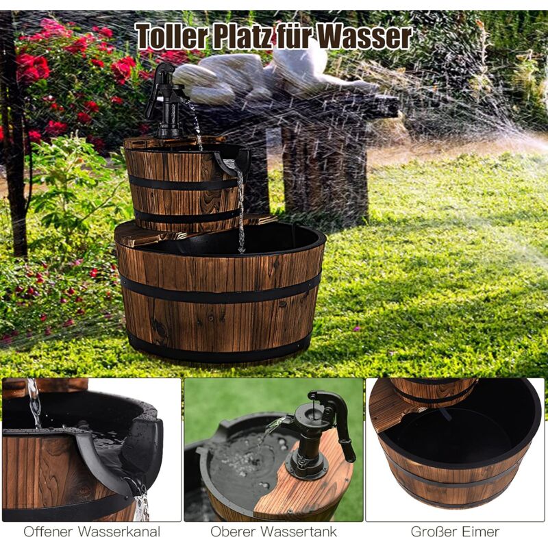 Nexos Gartenbrunnen Aus Holz - Fass-Design Mit Pumpe 44cm