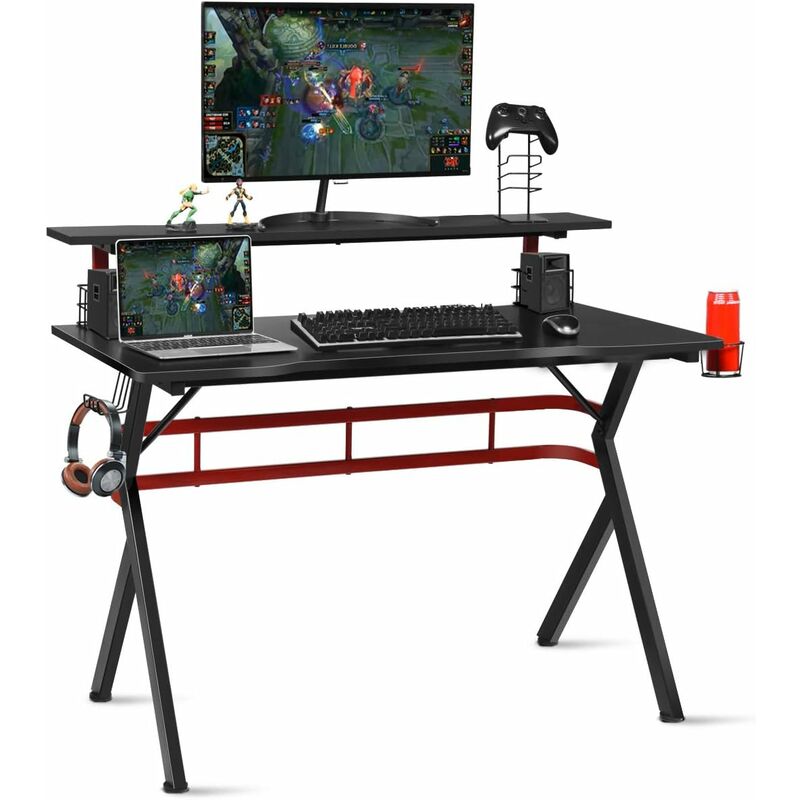 GOPLUS Gaming Schreibtisch, PC Schreibtisch aus Metall & MDF, mit Ablage,  Headset- & Getraenkehalter, Gamepad Halter & 2 Audiostaendern,  Ergonomischer Tisch, für Zuhause, Büro