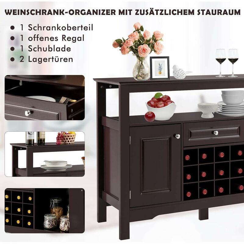 Sideboard & Beistellschrank & Regal, 1 Weinregal, Offenem mit GOPLUS Küchenschrank 2 Braun Küche für Wohnzimmer, Schublade mit Türen, Esszimmer,