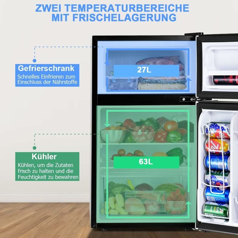 GOPLUS 90L Kühlschrank, Mini-Kühlschrank mit 27L Gefrierfach,  Gefrierschrank mit Stahlrahmen & einstellbarem Thermostat,  Kühl-Gefrier-Kombination (Grau)
