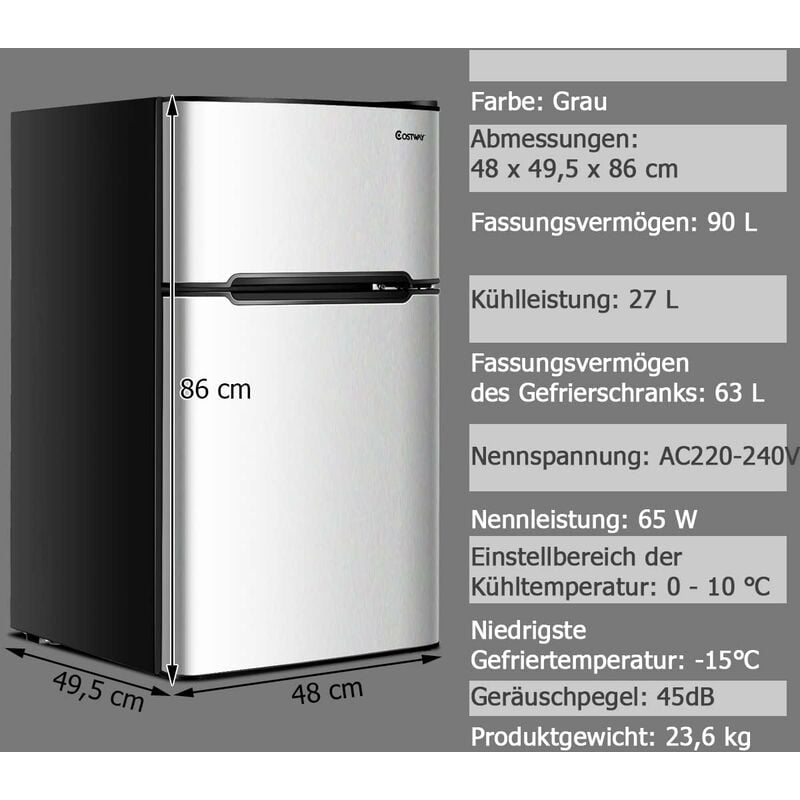 Kühlschrank Freistehend mini Kombination Gefrierfach No Frost 90l lei